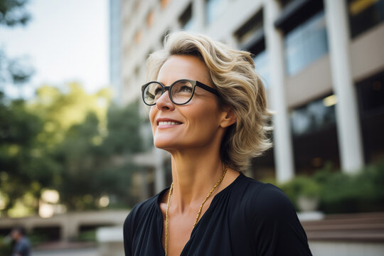 stylish mature business woman wearing glasses looking ahead confidently in front of the urban office building