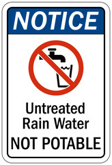 Non potable warning sign and labels untreated rain water