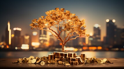 Symbolic financial growth  golden tree with coins and banknotes against bokeh cityscape - obrazy, fototapety, plakaty