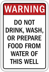 Non potable warning sign and labels do not drink, wash, or prepare food from water of this well