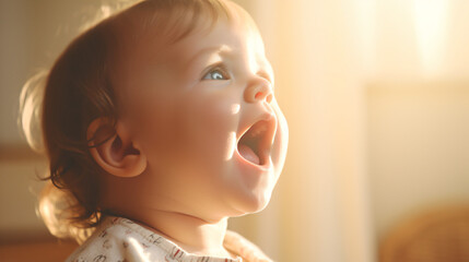 明るい部屋の中で大きな口を開けて一生懸命話している赤ちゃんのアップ - obrazy, fototapety, plakaty