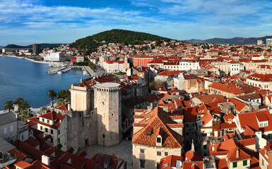 Aerial view of old city centre, with "Mletacka kula" prominently visible, in Split, Croatia.
