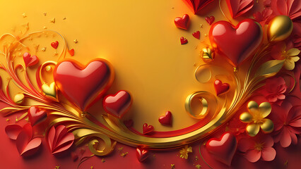 Love Romantic Valentine's day wallpaper 3D background February's Day of Love and Friendship inspired by love and movement in yellow and red, with hearts as decoration and golden lines.