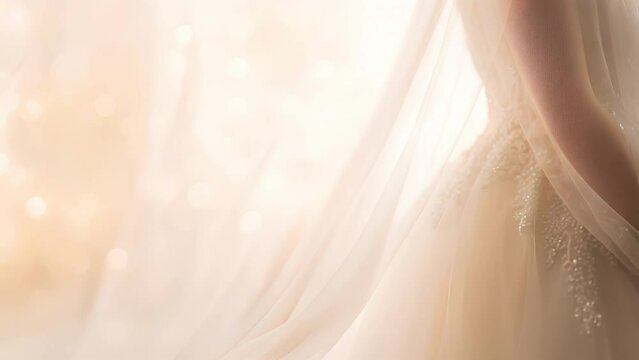 Soft Glow of a Flowing Wedding Bridal Gown and Vail in Radiant Light with Sparkling Details and Empty Copy Space for Video Text or Motion Graphics - Looping