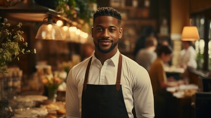 black waiter in beige apron reading on digital tablet in cafe