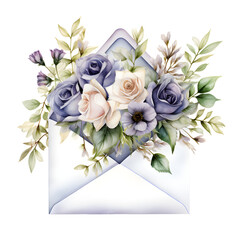 Watercolor clip art of an opened envelope with flowers and leaves, isolated on a white background, suitable for greeting cards, invitations, and wedding decorations,