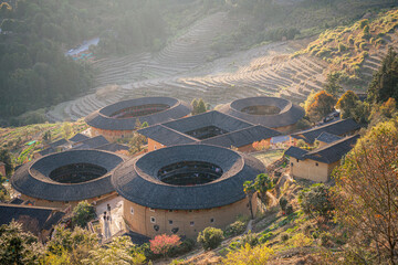 Horizontal close up on the Tianluokeng Tulou cluster During the sunset, China