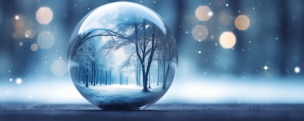 Fototapeta na wymiar Enchanting Elegance: A Clear Blue Glass Ball Gleams on a Festive Tree Background, Illuminating the Holiday Season with Timeless Beauty and Subtle Radiance.