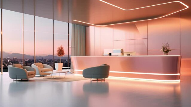 Minimalistic view of a stylish reception area with Peach Fuzz lighting, featuring a smart holographic assistant to greet visitors in a futuristic way.