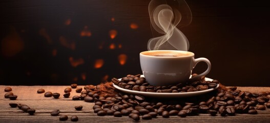 Sip of Serenity: A Coffee Cup Amidst Smokey Beans, capturing the aromatic and invigorating experience of savoring a rich, well-brewed coffee. 