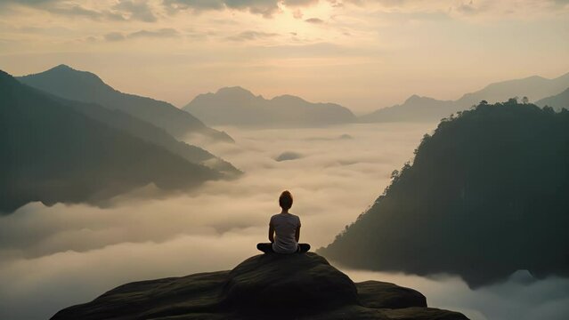 A person sitting in a yoga pose at the edge of a mountain peak surrounded by clouds and a foggy horizon finding stillness in the midst .