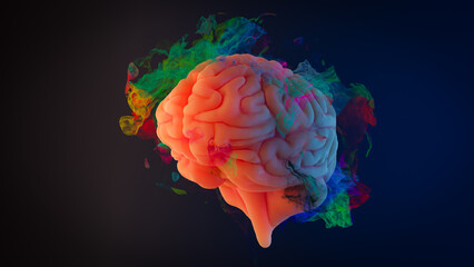 Concept background with colorful smoke showing a brain addicted to dopamine, 3d rendering