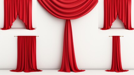 Set with beautiful red curtains on white background.