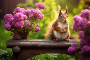 Beautiful squirrel on a park bench surrounded by summer flowers.