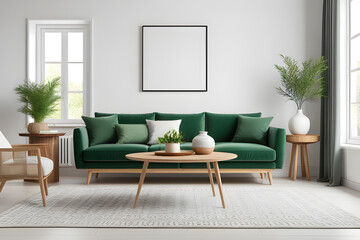 Home interior mock-up with green sofa, wooden table and trendy decoration in white bright living room. Modern living room