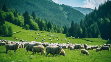 Sheep graze in a green meadow.