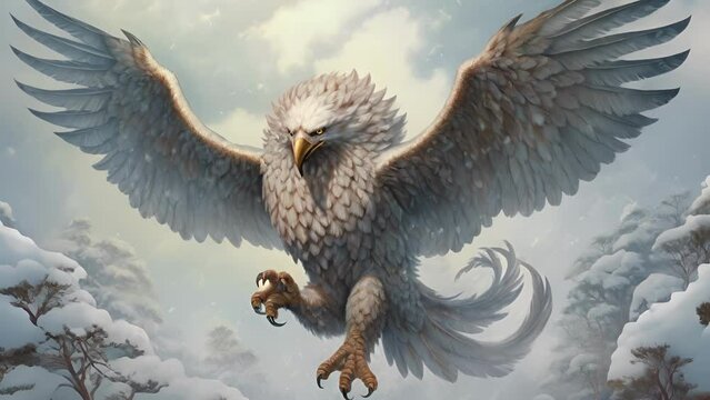 An enormous griffin descending from a winter sky its wings casting a blanket of snow Fantasy art concept.