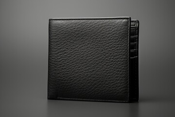 Close-up image of a black leather wallet with visible texture, against a grey background. - obrazy, fototapety, plakaty