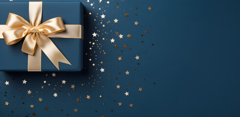 A dark blue gift box with ribbon and bow for men and boys, isolated on a blue background, This makes a great holiday gift for birthday or Christmas, Perfect for Father's Day with plenty of copy space, - obrazy, fototapety, plakaty