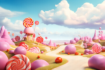3D illustration of a magical fantasy pink candy world , generated ai