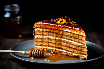 A piece of delicious layered honey cake with chocolate sprinkles on a dark background  , generative...