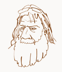 Portrait of an elderly man with a beard. Portrait of a person from life. Outline sketch. Marker doodles. Freehand drawing with Ink. Isolated on white background