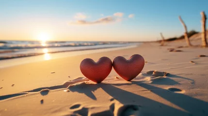Foto op Plexiglas Features two red hearts placed close together on a sandy beach. Generative AI. © visoot