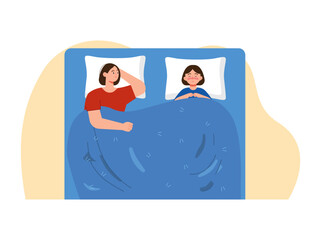 Mother accompanies her child to sleep. Parenting illustrations.