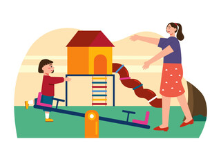 Mother accompanies her child to play in the playground. Parenting illustrations.