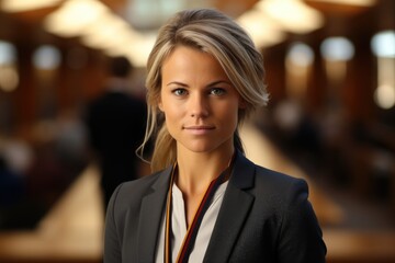Obraz premium A pleased woman is wearing diplomat formal attire against international diplomatic conference background. Generative AI.