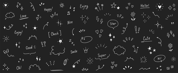 Doodle cute heart, glitter pen line elements on chalkboard. Doodle heart, arrow, star, sparkle decoration symbol set icon. Simple sketch line style emphasis, glitter star. Vector illustration