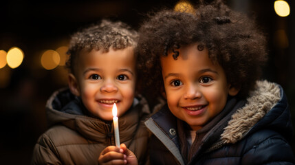 Two African boys with candle outside on Christmas Eve