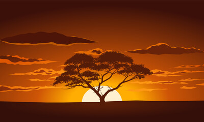African savannah sunset landscape with clouds