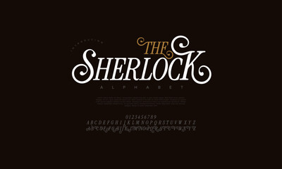 Thesherlock premium luxury elegant alphabet letters and numbers. Elegant wedding typography classic serif font decorative vintage retro. Creative vector illustration