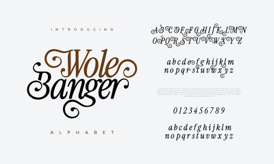 Wolebanger premium luxury elegant alphabet letters and numbers. Elegant wedding typography classic serif font decorative vintage retro. Creative vector illustration