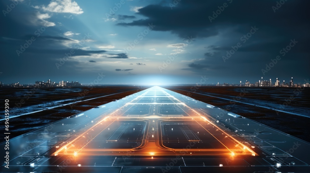Poster Futuristic Technology Concept, Night on the Runway with Sensors Scanning Surrounding, Special Effects of Digitalizing runway. Generative AI.