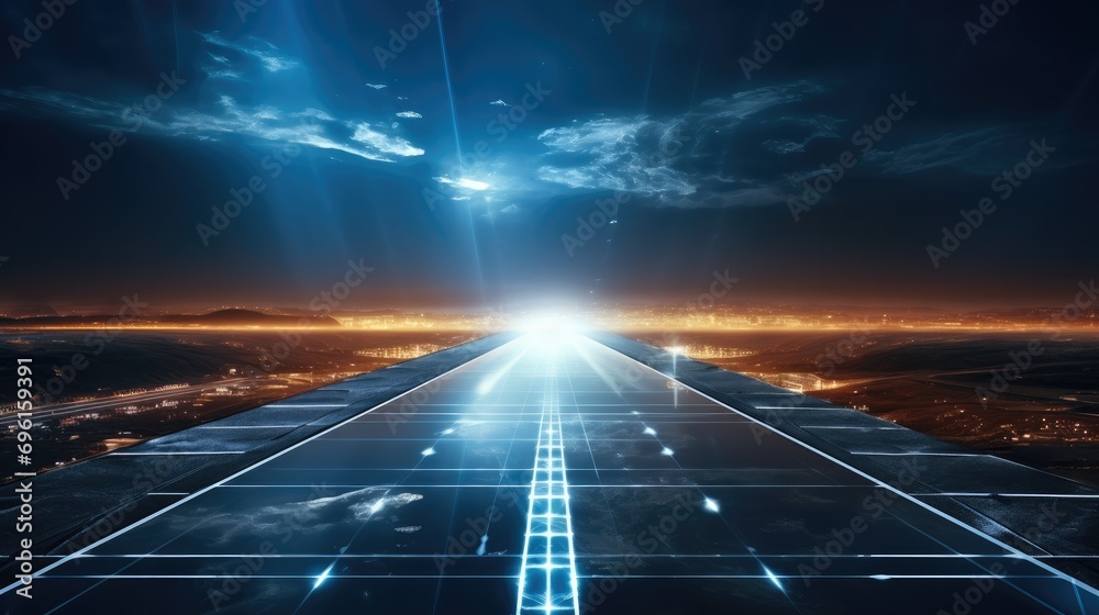 Poster Futuristic Technology Concept, Night on the Runway with Sensors Scanning Surrounding, Special Effects of Digitalizing runway. Generative AI.