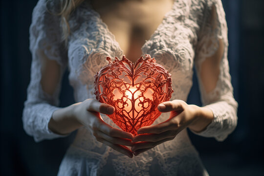 Woman holding heart shaped confession to her lover, love, Valentine's Day, marriage, wedding, dress