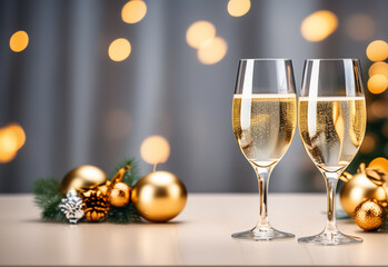 Two glasses of champagne on the table on blurred background with golden bokeh, Christmas concept. Generative AI