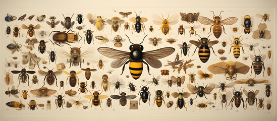 A captivating collage featuring a diverse array of bee species. Generative AI