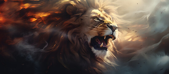 An ethereal digital painting capturing the essence of a lion with fluid brushstrokes, highlighting the regality and grace of this magnificent creature. Generative AI