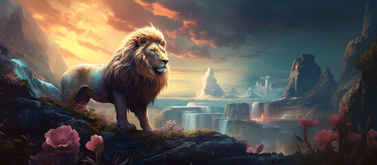 An otherworldly composition featuring a lion in a surreal environment. Generative AI