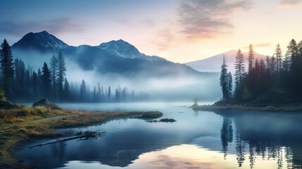 beautiful lake view with mist and mountains background