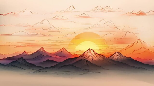 A simple line drawing of a sunset over a mountain range, inspired by Japanese sumie paintings.
