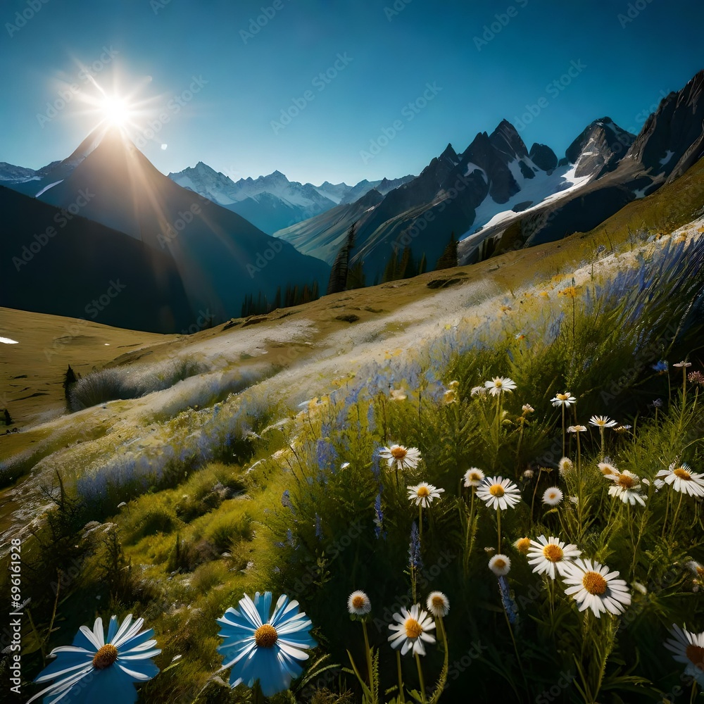 Sticker landscape with flowers and grass