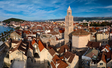 Aerial view of centre of Split, Croatia, with Saint Domnius Catedral (Sveti Duje) and Diocletian's palace (Dioklecianova palaca).