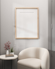 Interior design of a modern, minimalist living room with a picture frame mockup on a white wall.