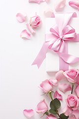 Happy Valentine day pastel white gift box with pink roses and pink ribbon