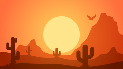 Obraz premium Desert landscape vector illustration. Scenery of rock desert with cactus and flock of birds in sunset. Wild west desert landscape for illustration, background or wallpaper