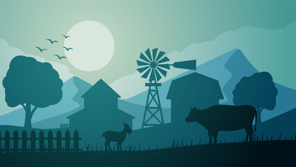 Farmland silhouette landscape vector illustration. Scenery of livestock cow and goat in the countryside farm. Rural landscape for illustration, background or wallpaper © Moleng24